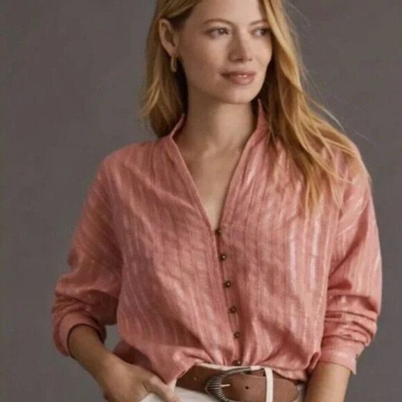 Anthropologie Pilcro Tavi Button Down Blouse Size XS Coral Metallic Stripe Top - Picture 7 of 7
